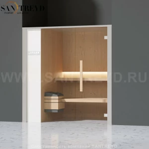 Effegibi ONEFILO S LO51020010 Сауна. Установка: в нишу. Левая дверь. Мощность: 4,5 кВт макс. Размеры: длина 214 см, ширина 171 см. Отделка: матовый лакированный белый аллюминий и серый ламинат из керамогранита.