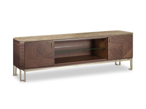 Деревянный шкаф для телевизора с распашными дверцами и мраморным верхом