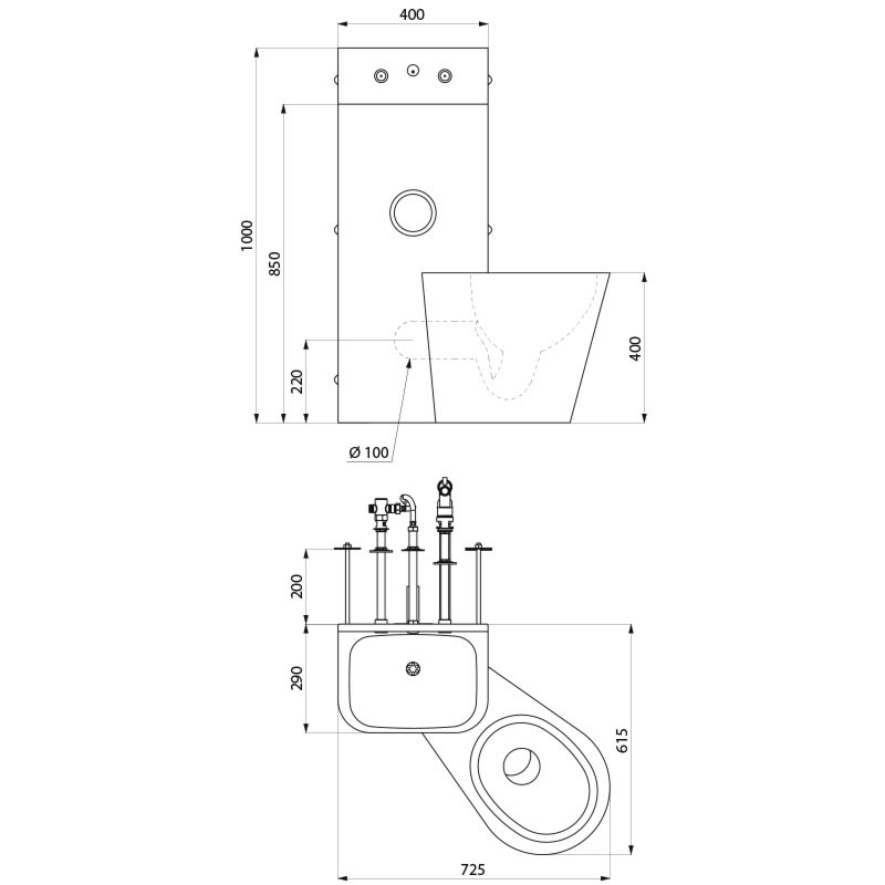 166600 Комплект KOMPACT через стену - Умывальник-напольный унитаз DELABIE  - Вид №1