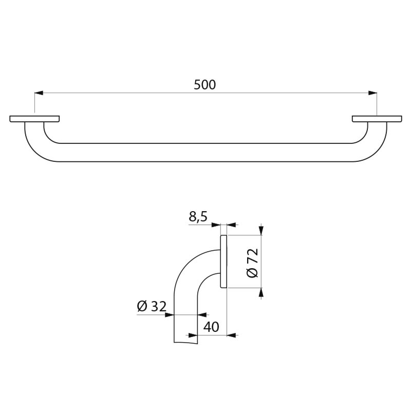 350505S Прямой опорный поручень Basic Ø 32, 500 мм, матовый DELABIE  - Вид №1