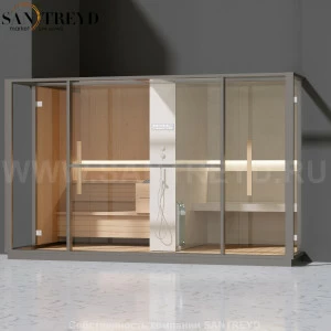 Effegibi LOGICA LO10010009 Комбинированная баня: хаммам и сауна. Установка: в полунишу. Мощность: 10,5 кВт макс. Размеры: длина 373 см, ширина 250 см. Отделка: канадский хемлок, матовый лакированный серый аллюминий и бежевый ламинат из керамогранита.