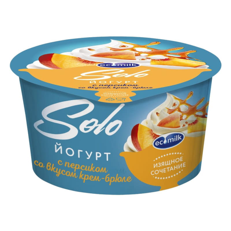 Йогурт с персиком и со вкусом крем-брюле 5% Экомилк Solo 130 г БЗМЖ Santreyd 21138