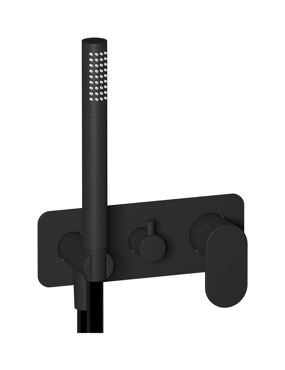 Внешние части встроенного в стену смесителя на 3 потребителя в комплекте с душевым гарнитуром. WE ARE IB k2314np Matt Black K2