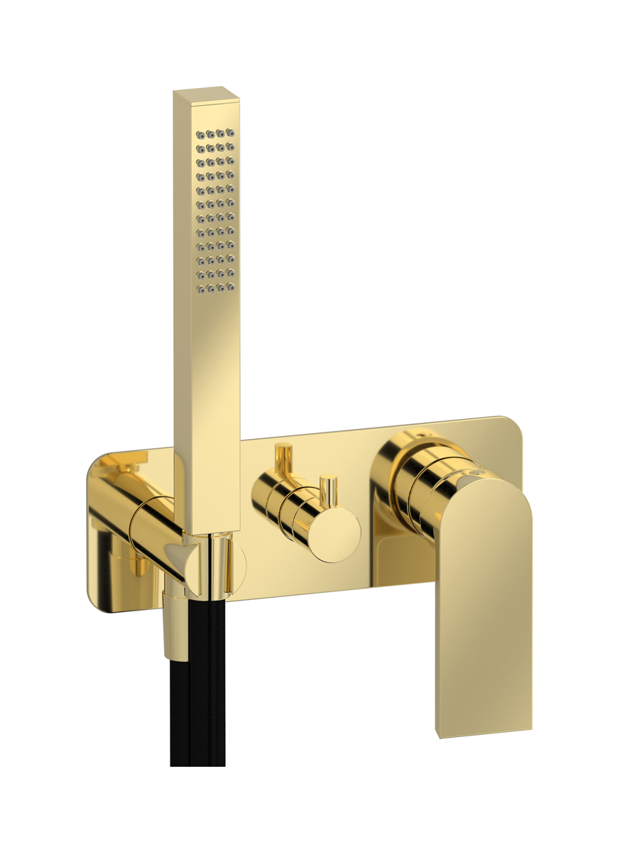 Внешние части встроенного в стену смесителя на 3 потребителя в комплекте с душевым гарнитуром. WE ARE IB k3314ii Pale Gold K3