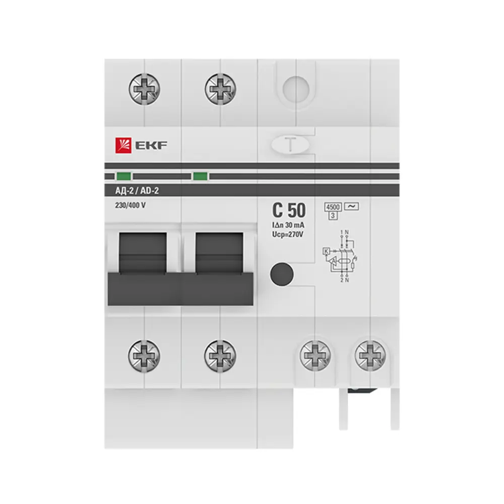Дифференциальный автомат EKF PROxima АД-2 2P C50 A 30 мА 4.5 кА AC DA2-50-30-pro 82421610 STLM-2090724  - Вид №1