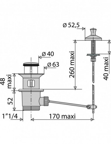 100100 000 00  Автоматический слив для умывальника из хромированной латуни с вертикальным язычком, затяжка 40/48 мм Valentin Хром  - Вид №2