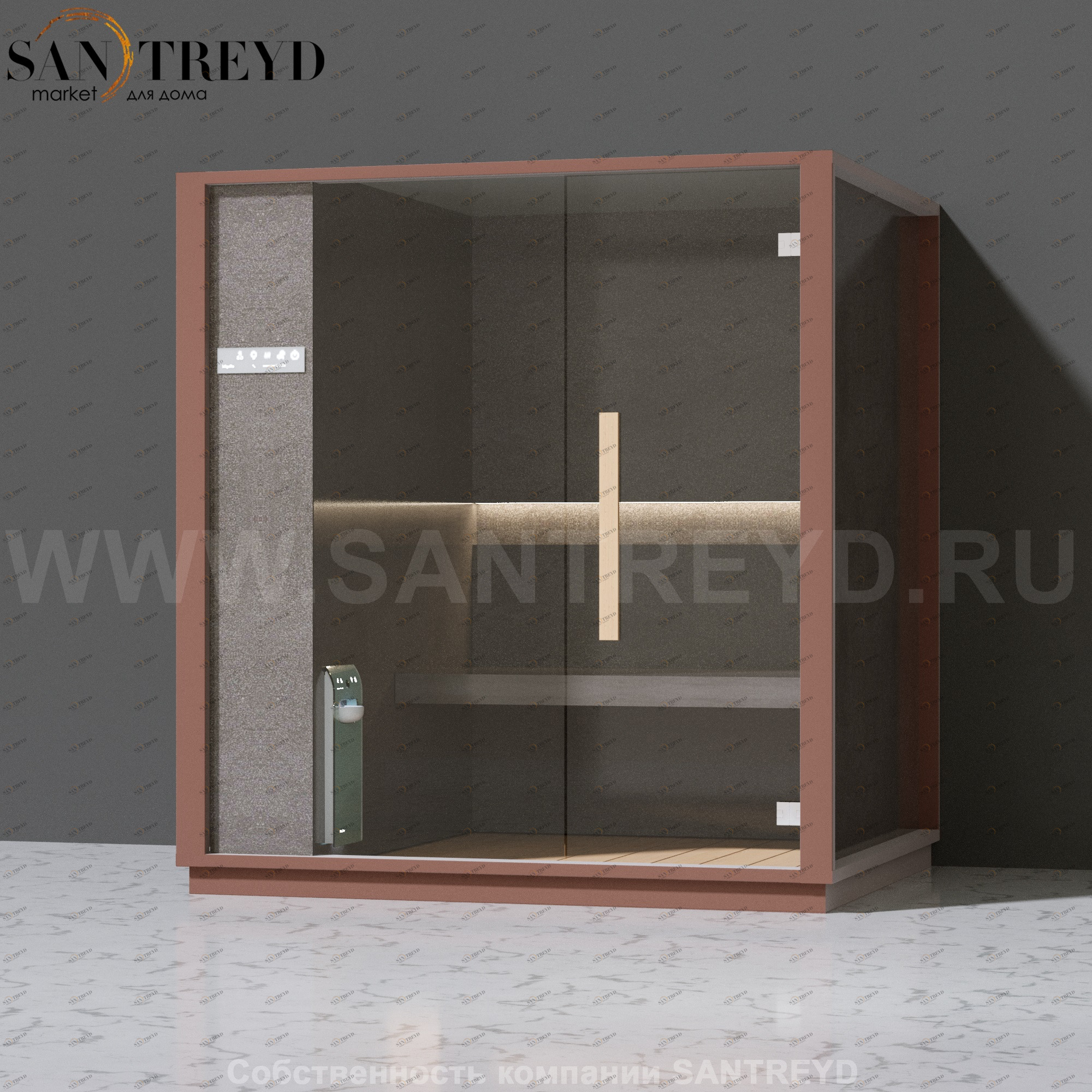 Effegibi ONE H LO60030002 Хаммам. Установка: к стене. Левая дверь. Мощность: 4,5 кВт макс. Размеры: длина 214 см, ширина 171 см. Отделка: матовый лакированный коричневый аллюминий и темный ламинат из керамогранита.