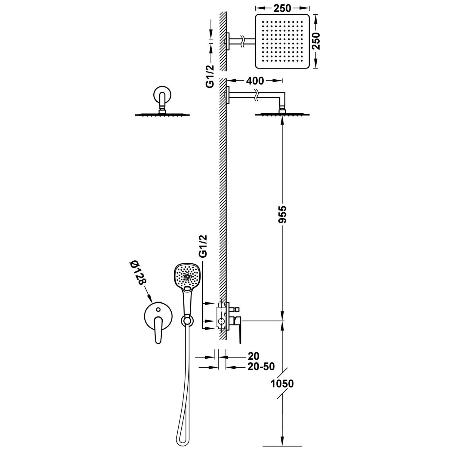 Комплект скрытого смесителя для душа с одной ручкой 2-ходового типа -20518006 TRES  - Вид №1