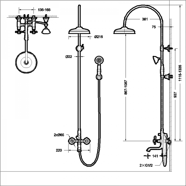 Душевой гарнитур с изливом Zollern Cross Handle F651199CP-A bravat  - Вид №1