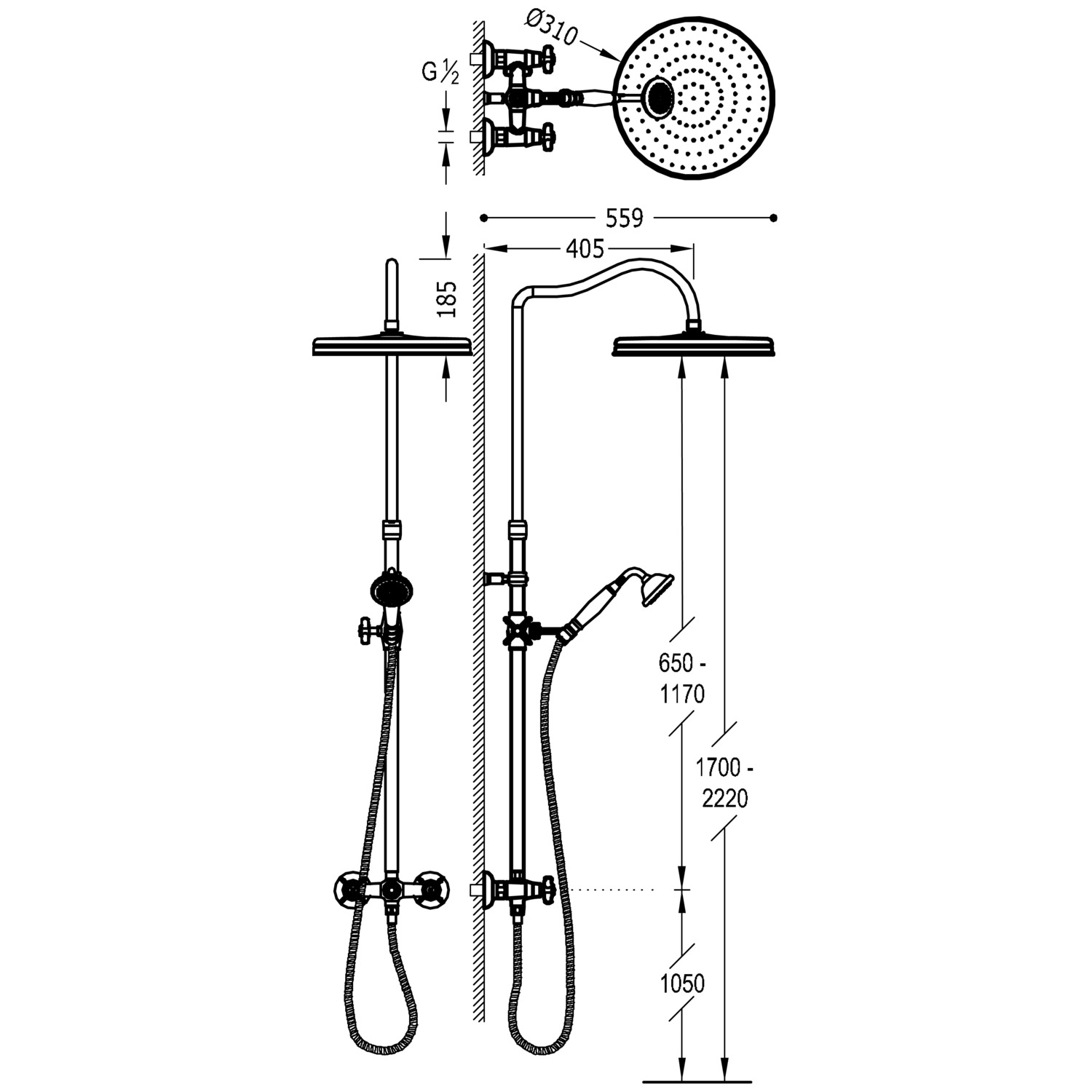 Набор смесителей для душа TRES CLASIC с 2-ходовым настенным креплением и двумя ручками-24219101LV TRES  - Вид №1