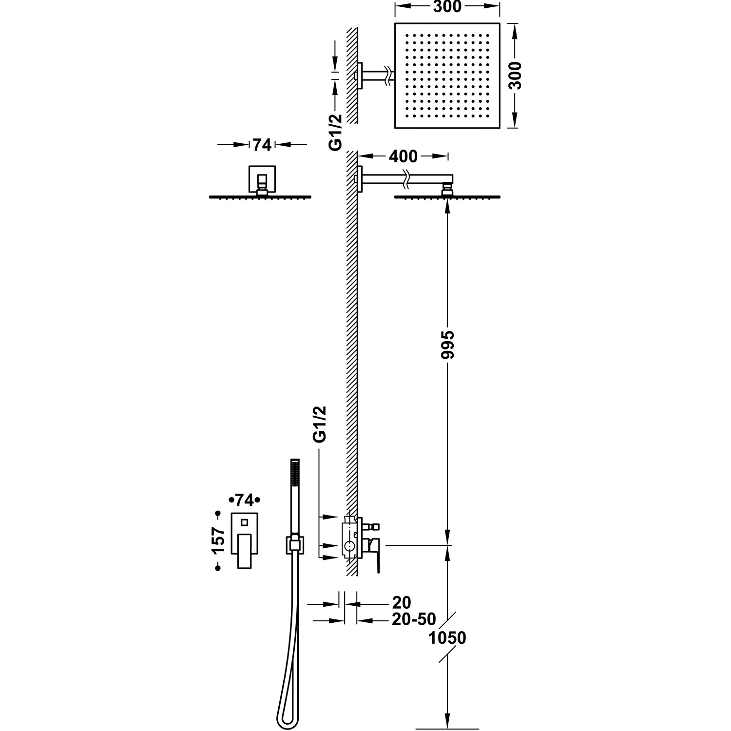 Комплект 2-ходового скрытого смесителя для душа CUADRO с одной ручкой-106980 TRES  - Вид №1