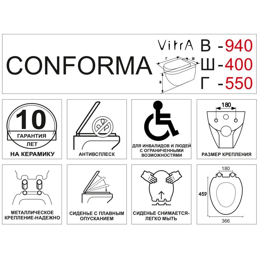 Унитаз подвесной Vitra Conforma безободковый 82634388 STLM-2136562 - Вид №7