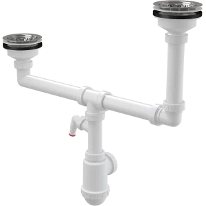 Сифон для сдвоенной мойки с нержавеющими решетками DN115 двухуровневый и штуцером