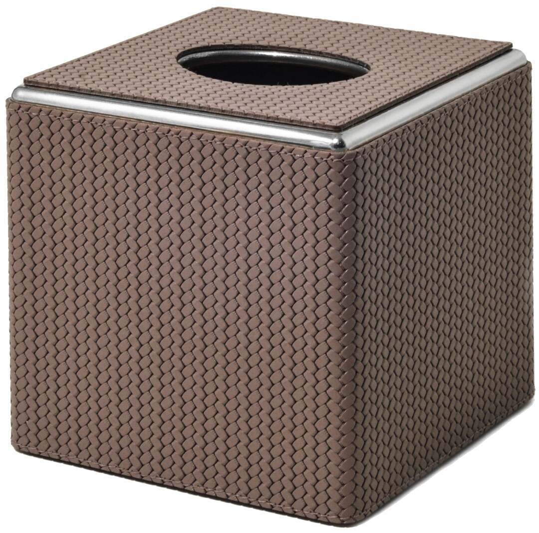 Квадратная коробка для салфеток - 14X14XH13,5 см / хромированная металлическая отделка / зерненая кожа серо-коричневый