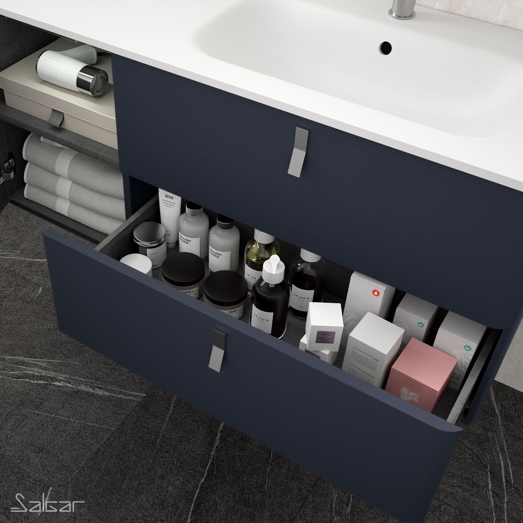 83127 SALGAR Мебель для умывальника UNIIQ 900 NIGHT BLUE левая 1 дверца и 2 ящика с системой мягкого закрывания 897 x 540 x 450 мм  - Вид №2