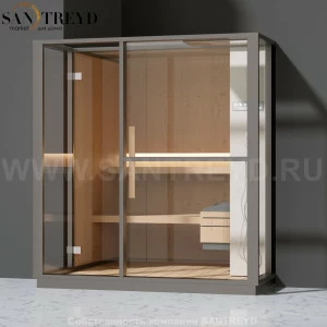 Effegibi LOGICA S LO20010011 Сауна. Установка: в полунишу. Правая дверь. Мощность: 6 кВт макс. Размеры: длина 214 см, ширина 250 см. Отделка: канадский хемлок, матовый лакированный серый аллюминий и бежевый ламинат из керамогранита.