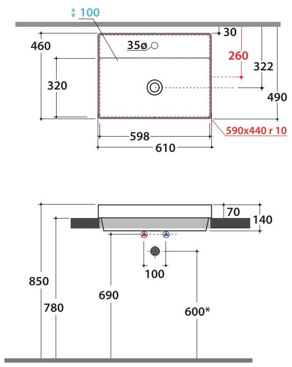 B6r62.bi / b6r61.bi Накладная раковина на столешницу  овальная Ceramica Globo T-EDGE - Вид №4