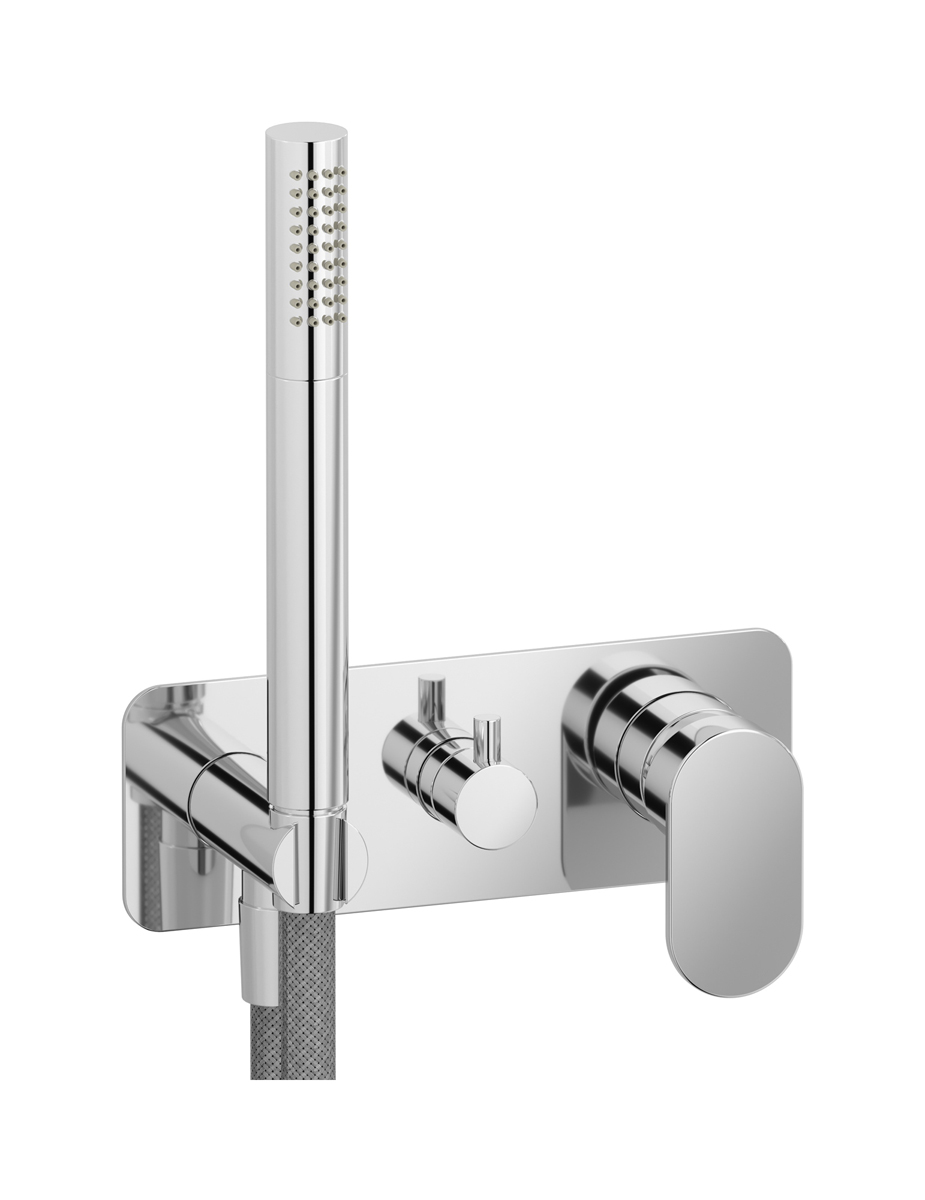 Внешние части встроенного в стену смесителя на 2 потребителя в комплекте с душевым гарнитуром. WE ARE IB id060ss Chrome YesPlease