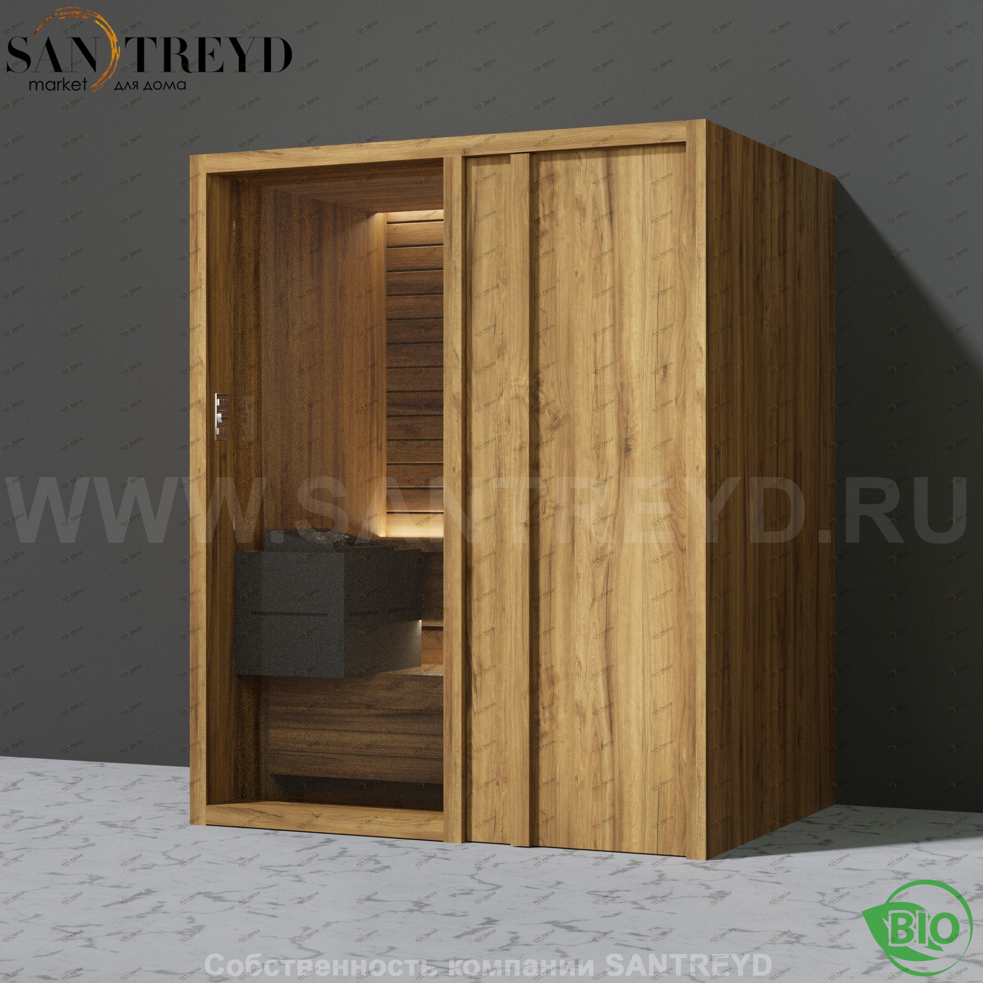 Effegibi YOKU.D45 BI.70200023 Био-сауна с правой дверью. Мощность: 4,5 кВт макс. Размеры: длина 174 см, ширина 132 см. Отделка: термообработанное дерево BI70200023