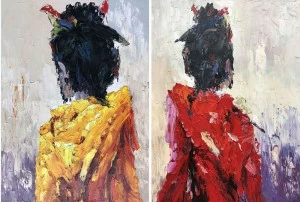 Картина на холсте модульная 100х100 см "Гейши" EVENHOME КАРТИНЫ МАСЛОМ 129993 Желтый;красный;серый;разноцветный