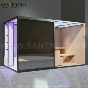 Effegibi BODYLOVE SH BL45110003 Боковая комбинированная баня: хаммам и сауна. Установка: в правый угол. Мощность: 15 кВт макс. Размеры: длина 393 см, ширина 176 см. Отделка: канадский хемлок, светлый керамогранит и зеркало.