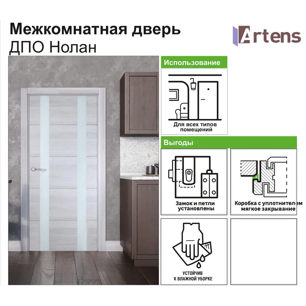 Дверь межкомнатная остеклённая Artens Нолан 60x200 см цвет дуб бьянко 81948145 STLM-2189908  - Вид №3