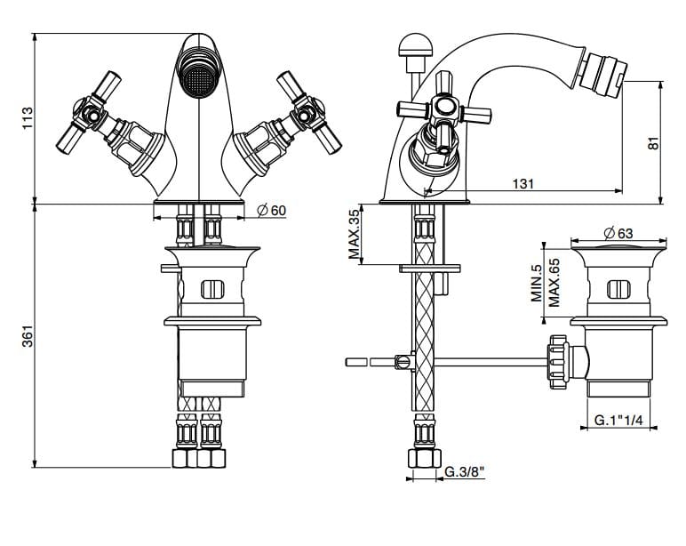 Смеситель для биде с одним отверстием для пола с отдельными розетками GATTONI TRD ARCH-00113553 - Вид №2