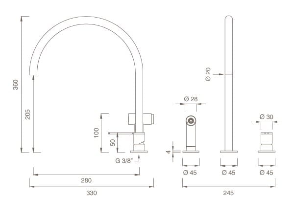 Смеситель для кухни с 3 отверстиями из нержавеющей стали со съемным ручным душем CEADESIGN INNOVO ARCH-00149563