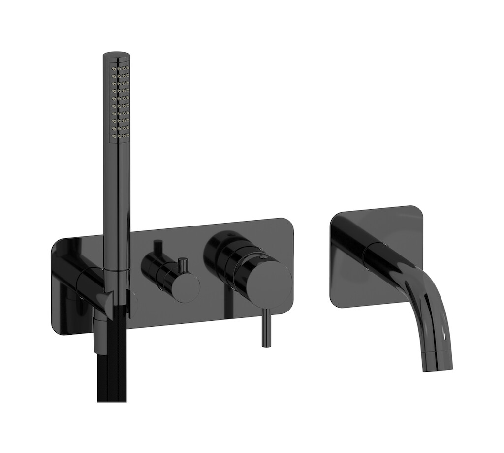 Настенный смеситель для ванной на с дивертером и душевым гарнитуром. WE ARE IB mt398cf Black Chrome MilanoTorino 