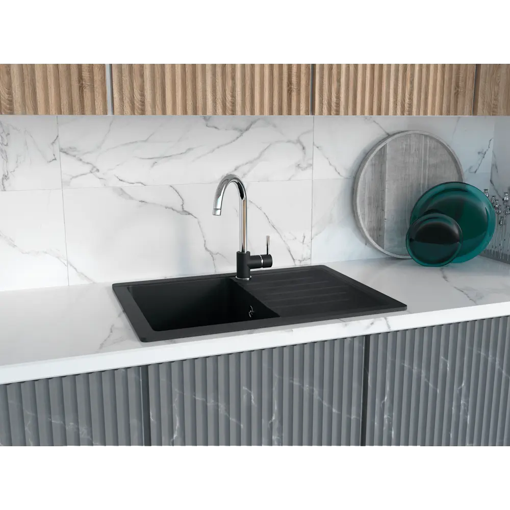 Мойка кухонная врезная ЭКО-М М-09 из мрамора в стиле бетон 76×50 см 81968252 STLM-0016015 - Вид №4