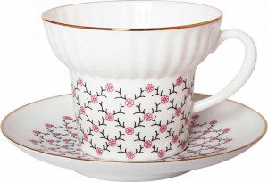 82189 Императорский фарфоровый завод Чашка с блюдцем "Розовая сетка" "Волна" Фарфор костяной