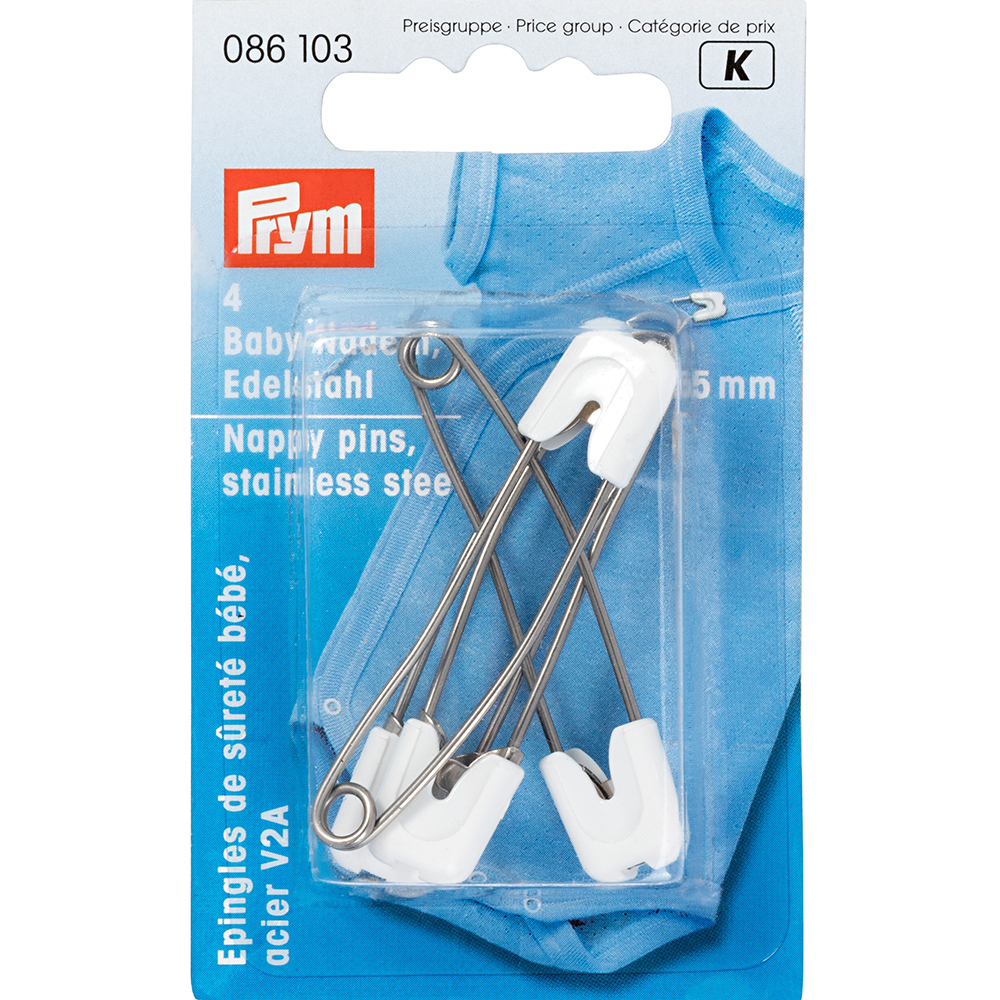 086103 Булавки английские с пластиковым замком нержавеющий сплав в блистере 4 шт белые/серебристые PRYM 