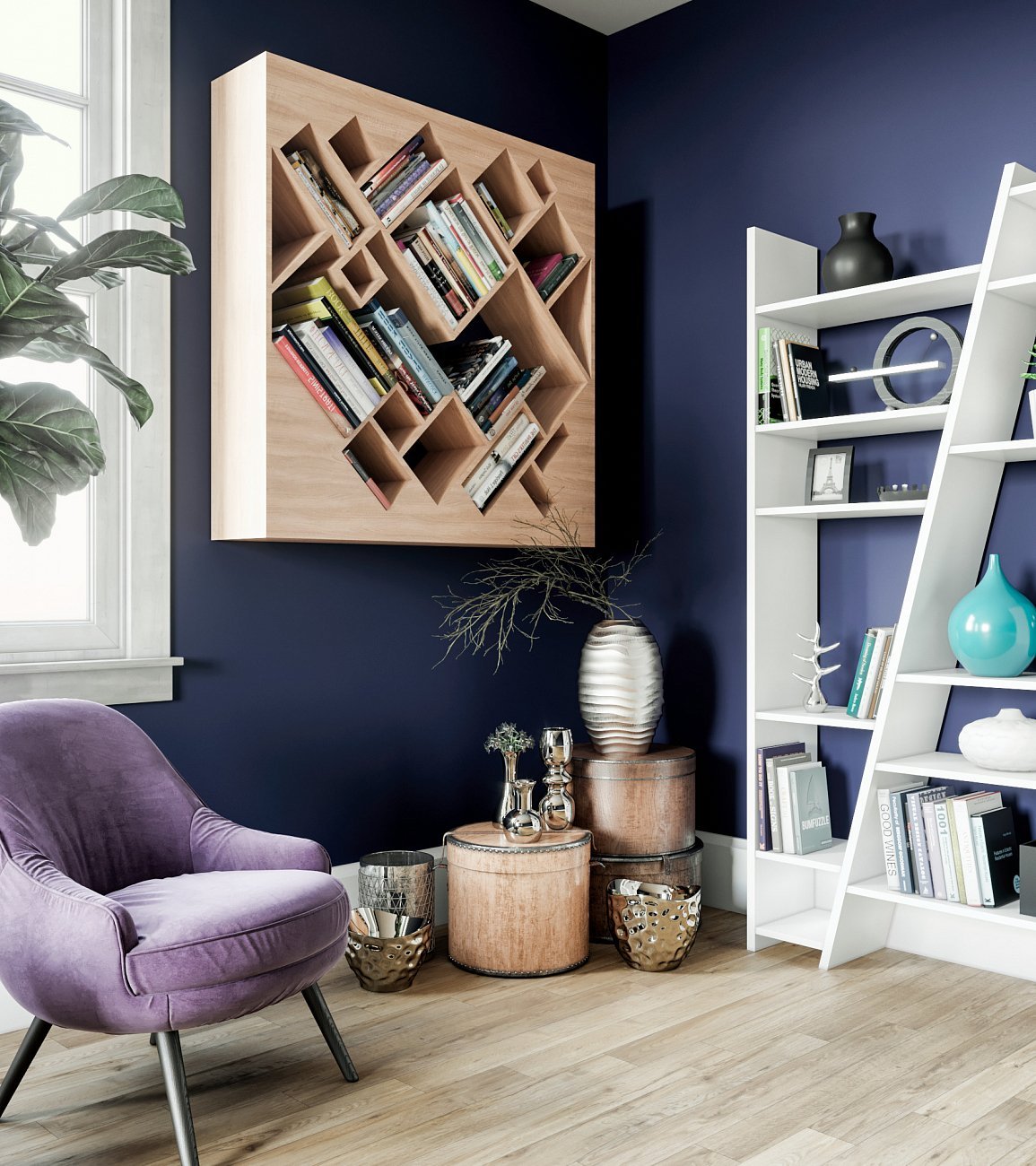 Стеллаж деревянный для книг беленый дуб "Геометрия" от Odingeniy ODINGENIY ГЕОМЕТРИЯ 178301 Бежевый  - Вид №1