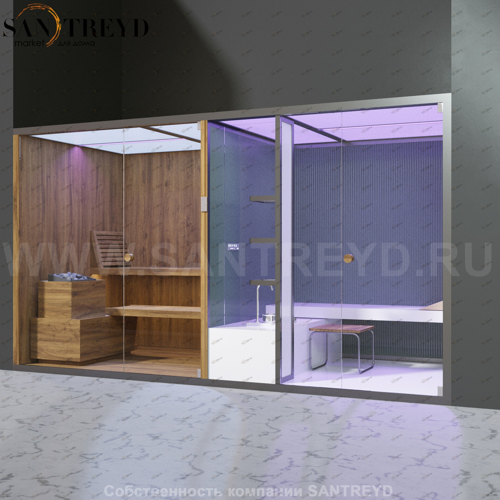 Effegibi BODYLOVE SH BL40240001 Фронтальная комбинированная баня: хаммам и сауна. Установка: в нишу. Мощность: 15 кВт макс. Размеры: длина 393 см, ширина 176 см. Отделка: термообработанная древесина и трубчатое стекло.