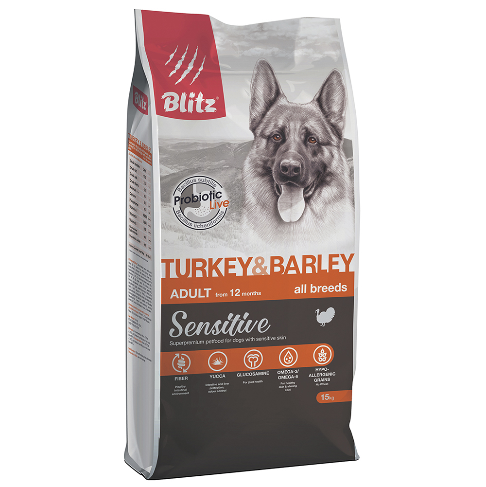 ПР0037289 Корм для собак turkey & barley all breeds adult с индейкой и ячменем сух. 15кг Blitz 