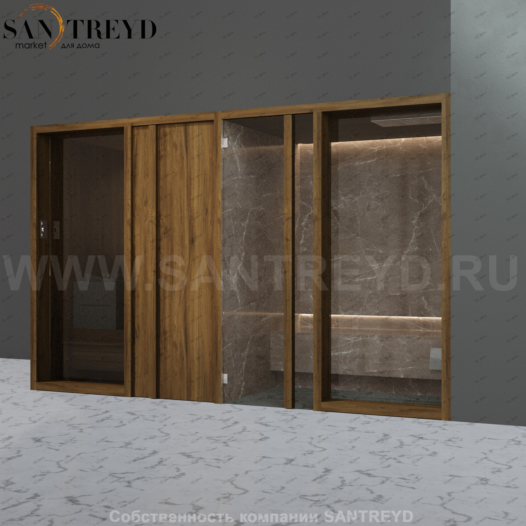 Effegibi YOKU.D SH YO.20320002 Комбинированная баня: хаммам и сауна. Установка: в правый угол. Мощность: 10,5 кВт макс. Размеры: длина 342 см, ширина 170 см. Отделка: чёрный орех и темный керамогранит YO20320002