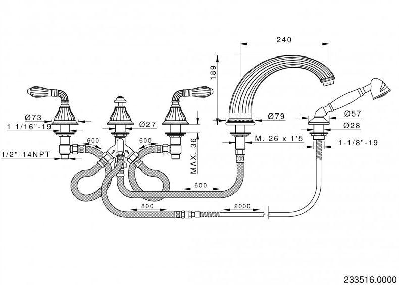 Bronces Mestre Комплект для ванны на 5 отверстий с ручным душем Artica with porcelain 233516.0000.50 - Вид №1