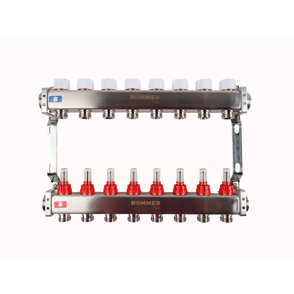 Коллектор с расходомером Rommer 1"x3/4" 8 выходов нержавеющая сталь RMS-1200-000008 STLM-2140575