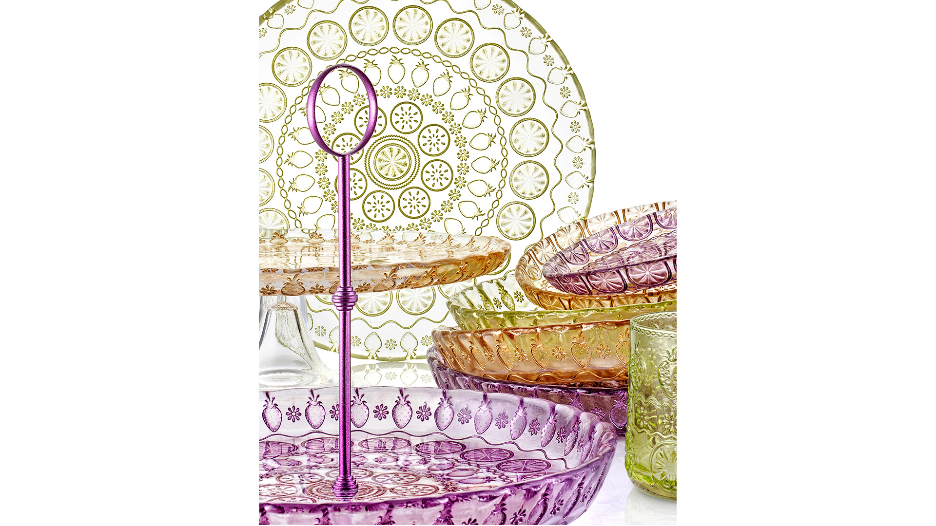 10608062 IVV Блюдо для фруктов с ручкой IVV "Витамины" 32см (аметистовый узор) Стекло  - Вид №1