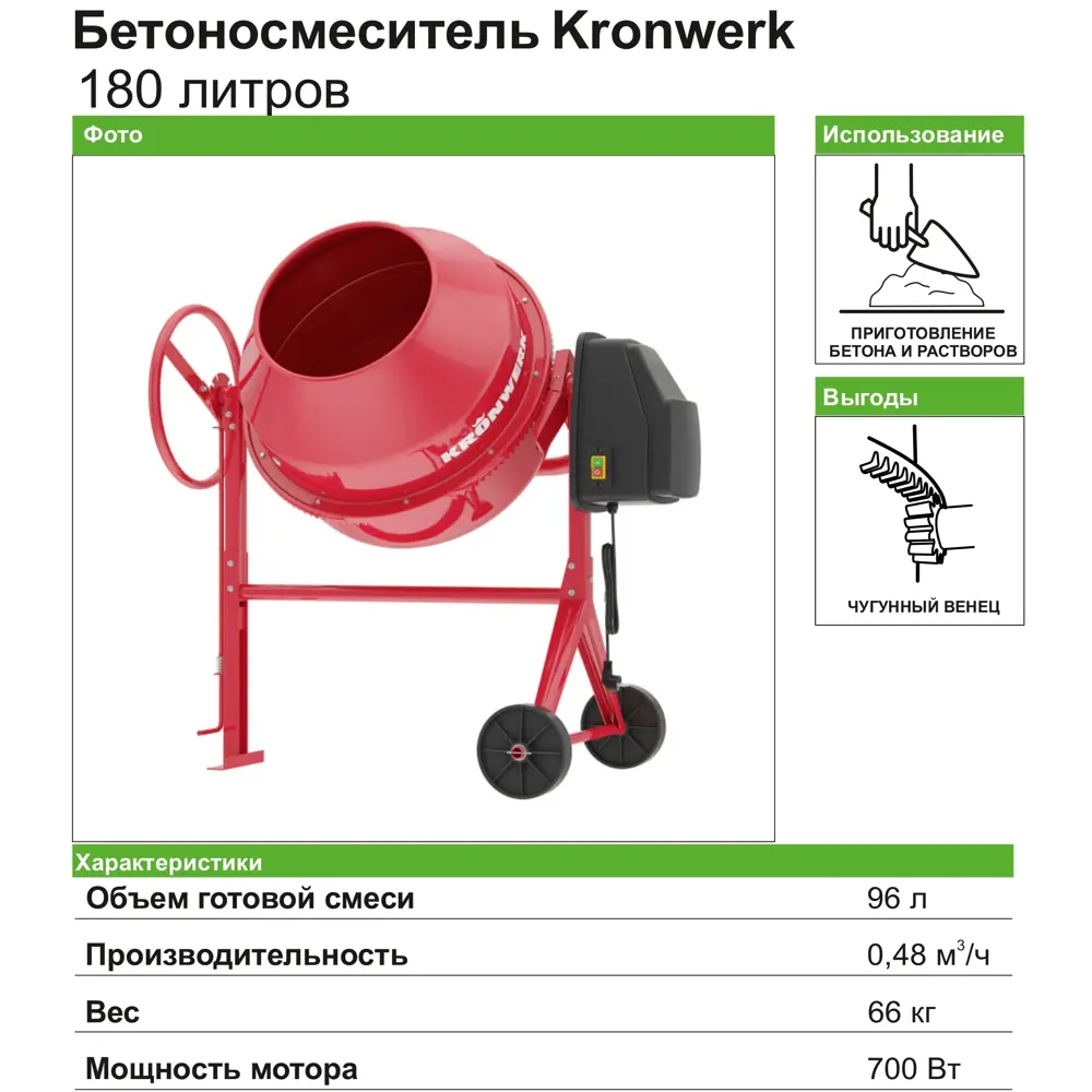 Бетоносмеситель Kronwerk 180 л 700 Вт 16230311 STLM-2110761  - Вид №1