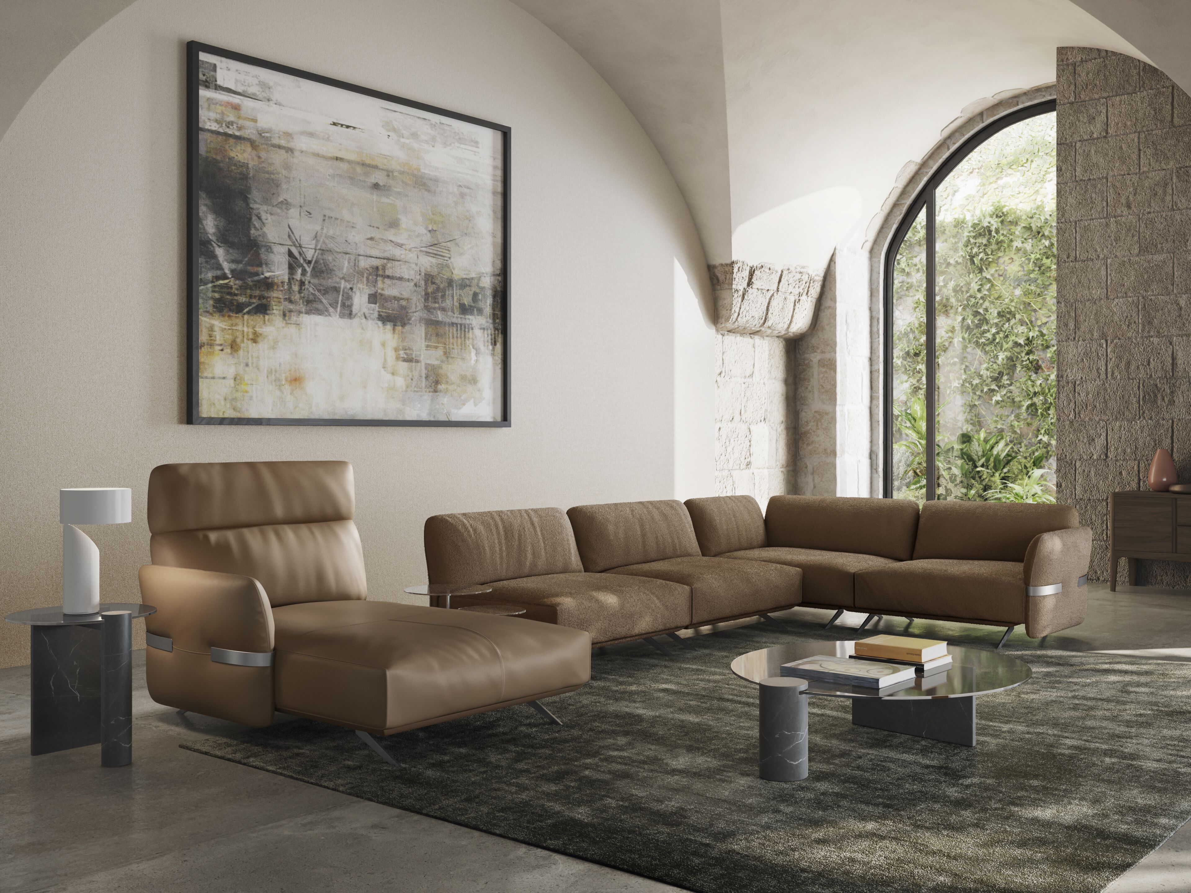 Секционный диван из кожи и ткани Natuzzi Italia Solar ARCH-00062423 - Вид №3