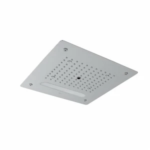 Скрытая потолочная лейка душа 40 см. Режимы душа: тропический душ, функция тумана и ламинарная струя. Дополнительная функция: хромотерапия. В комплекте пульт дистанционного управления для хромотерапии. Защита IP67. Источник питания 110-230 В. Душевой клап