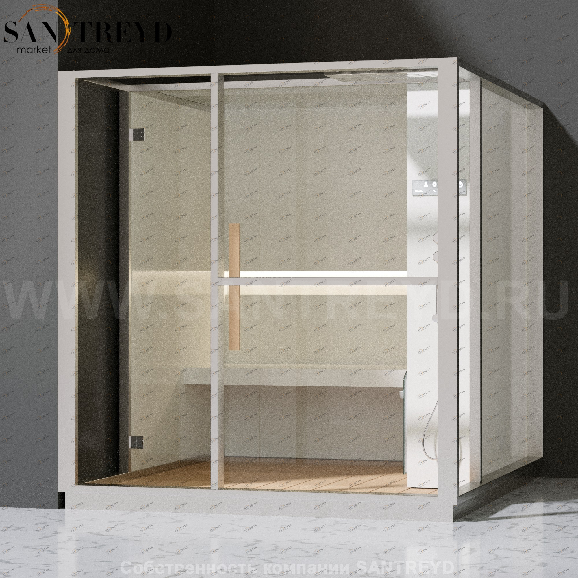 Effegibi LOGICA H LO30020005 Хаммам. Установка: в левый угол. Правая дверь. Мощность: 4,5 кВт макс. Размеры: длина 214 см, ширина 250 см. Отделка: матовый лакированный белый аллюминий и серый ламинат из керамогранита.