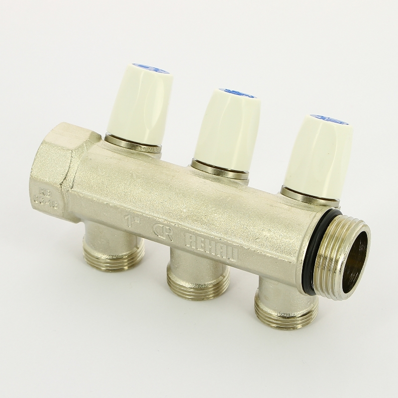 Коллектор НВ с вентилями никелированный Rautitan MX Rehau 1" x 3 вых 3/4"EK межосевое 40 мм 131645 - Вид №3