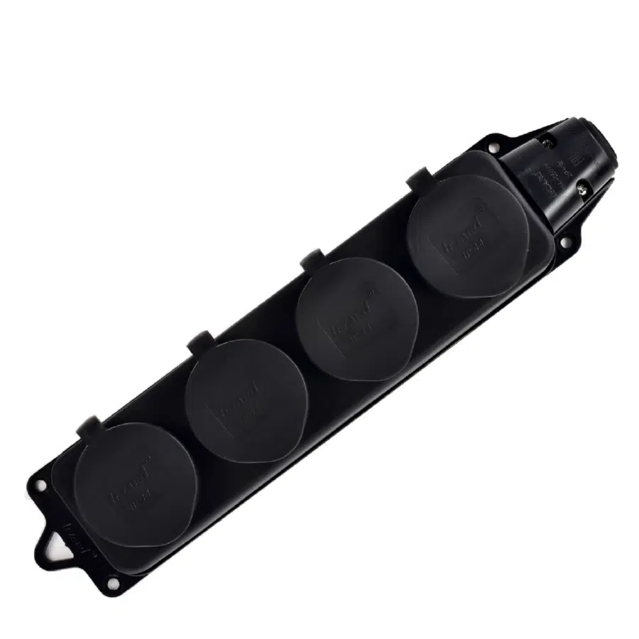 Розетка наруж. уст-ки 4-ая с заглушками 2Р+РЕ 1х16А 220-240V (каучук) черный LEZARD 106-0400-0107 - Вид №2