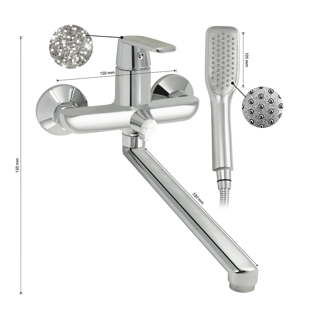 GFmark - Смеситель в ванную, длинный излив с дивертором на корпусе, шаровый, с АЛМАЗНОЙ КРОШКОЙ на ручке, код: 4870  - Вид №3