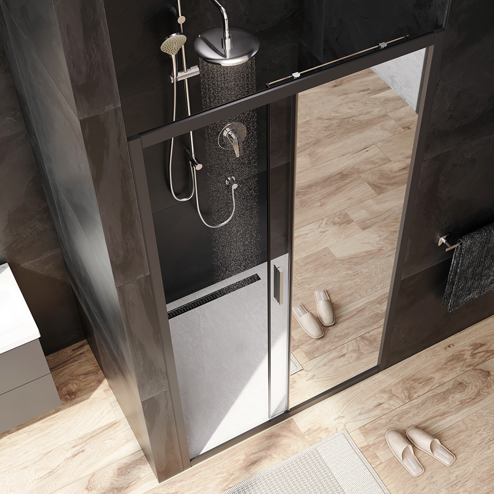 W90G-110-1-195BMir Solo Дверь душевая 110х195 стекло зеркальное профиль черный матовый AM.PM Gem - Вид №1