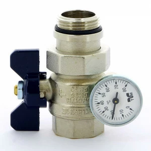 Кран шаровой НВ с разъемным соединением с термометром для коллектора TIEMME 1" бабочка синяя