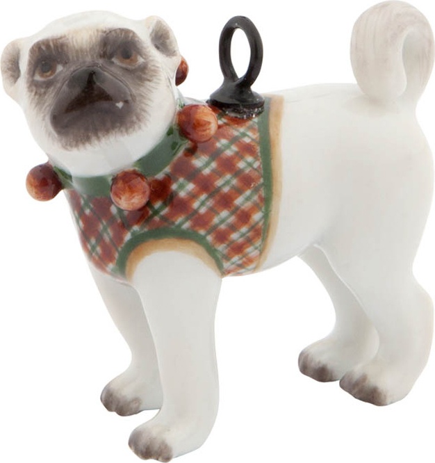 10614996 Meissen Подвеска 3,5см "Мопс в зеленом ошейнике с красными бубенцами и клетчатой попоне" Фарфор 
