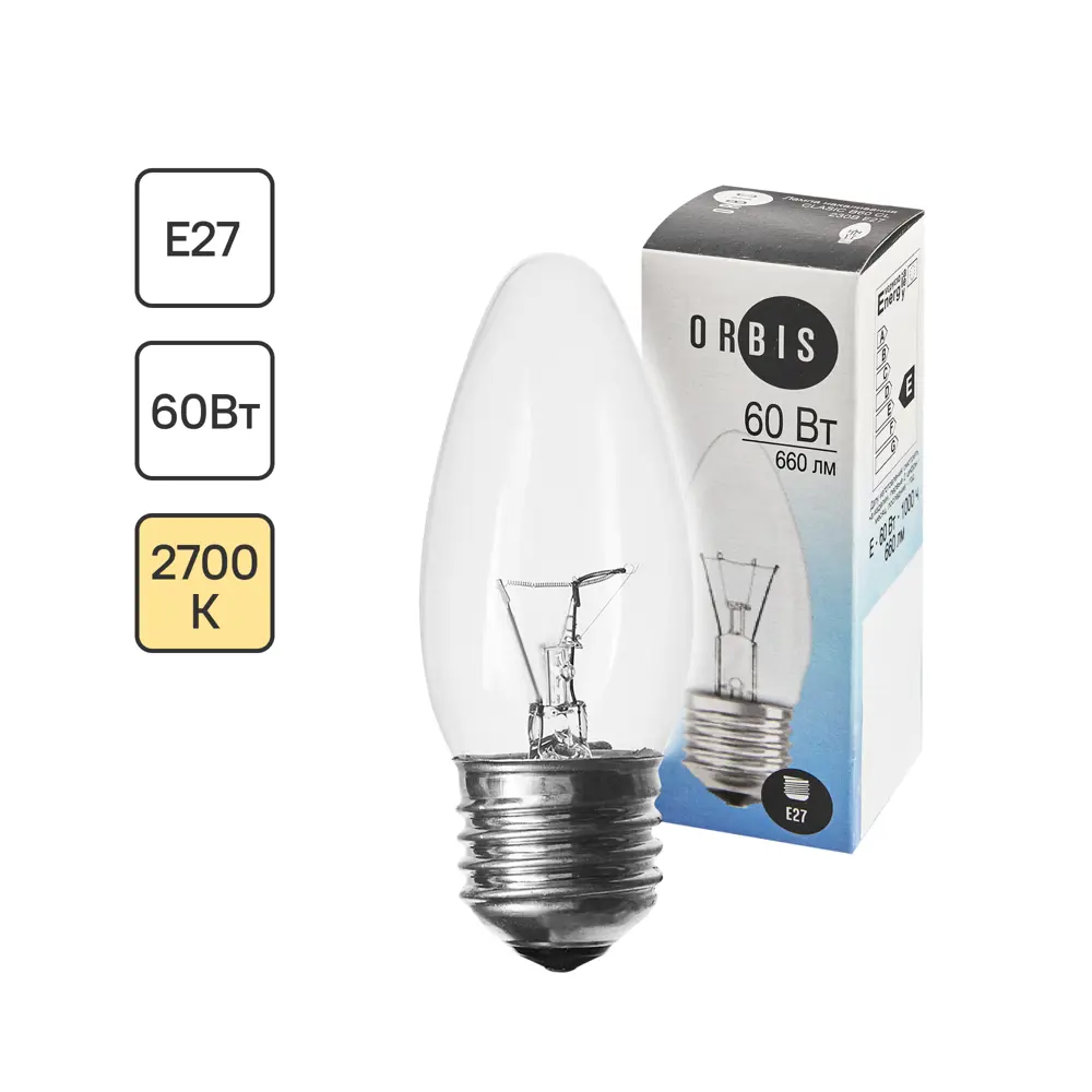 Лампа накаливания Orbis E27 230 В 60 Вт свеча 660 лм Santreyd STLM-2208874